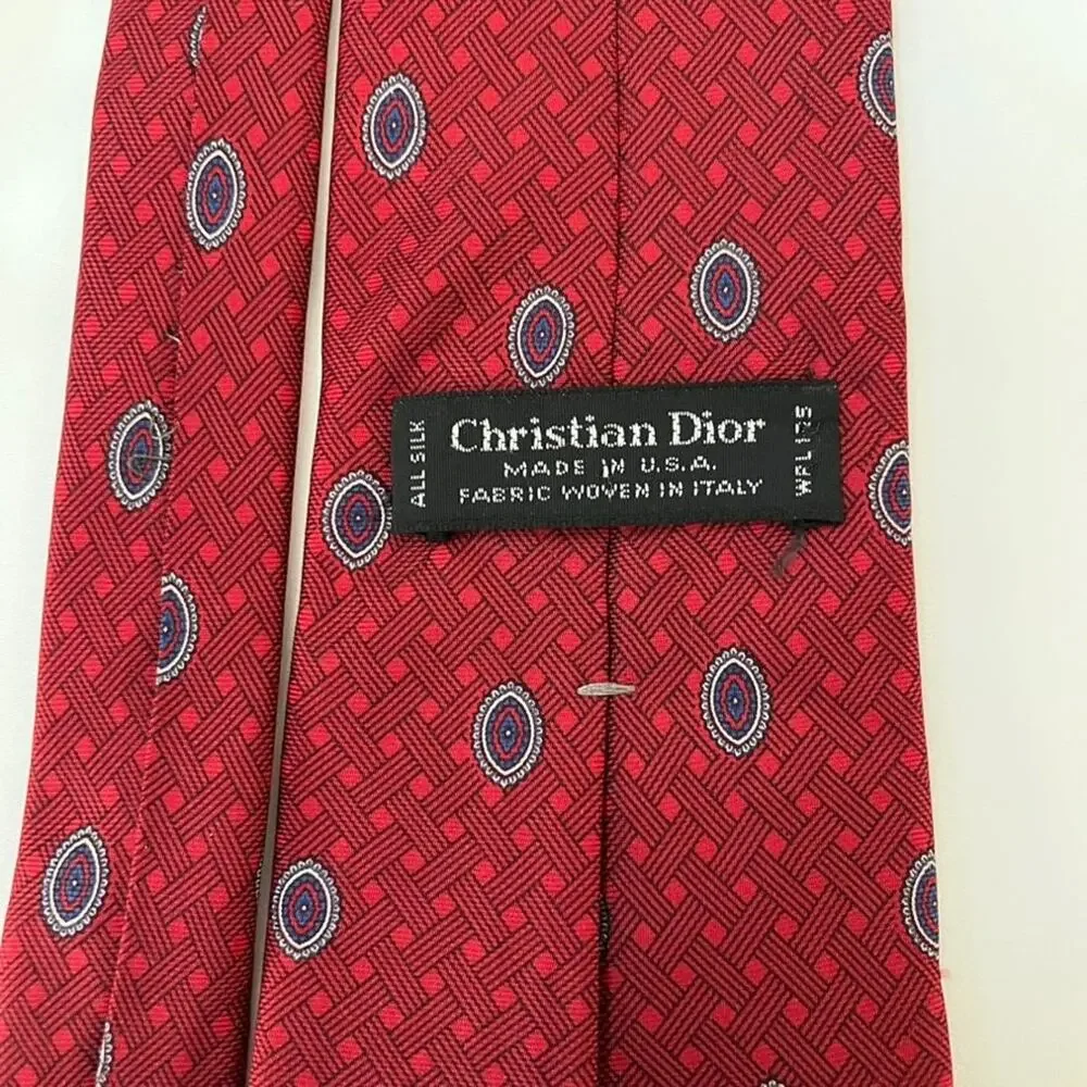 Vintage Christian Dior Mens' Red Silk Neck Tie All Over Print Fabric Woven Italy